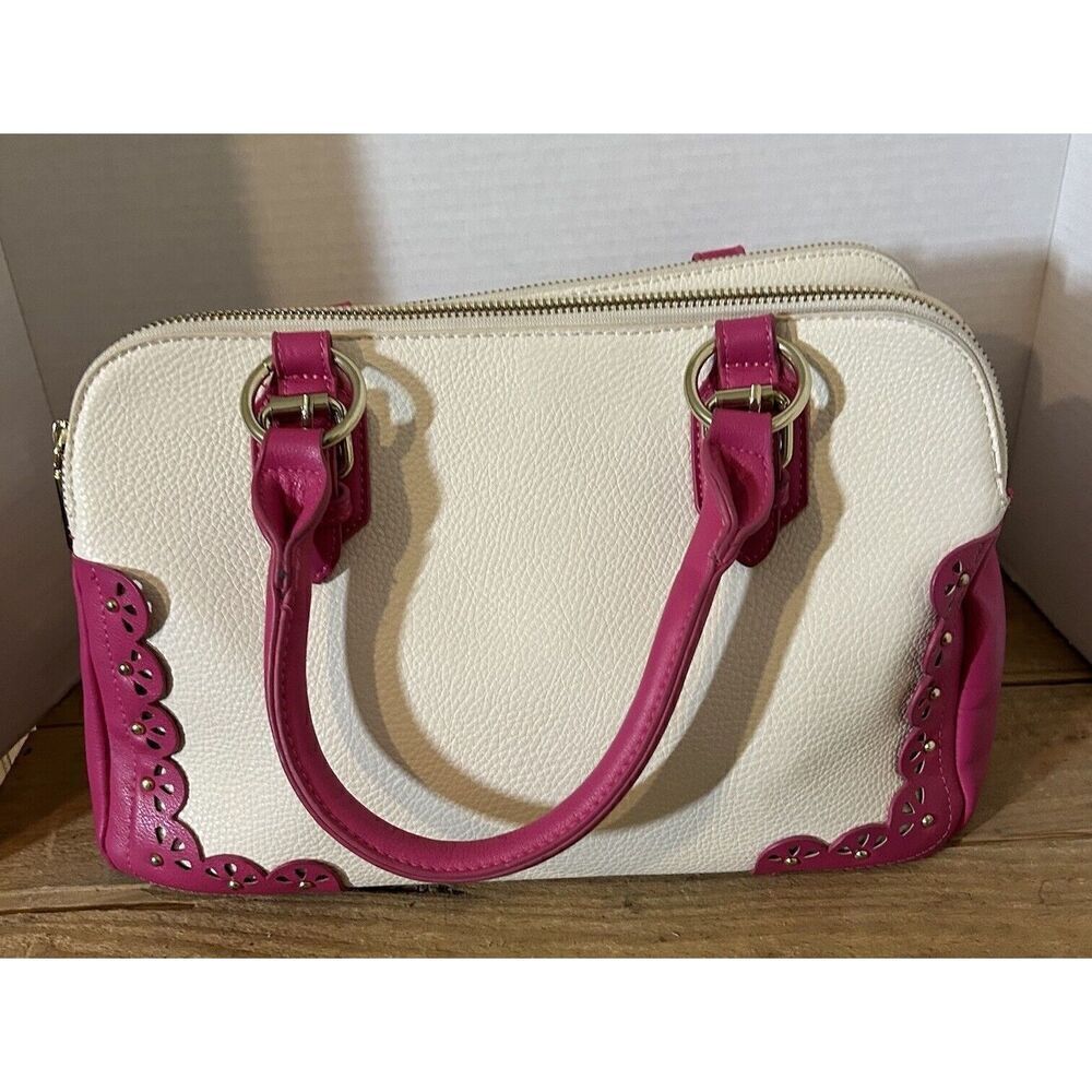 Charming Charlie Ivory Pebbled Faux Leather Handbag with Fuschia Gold Hardware